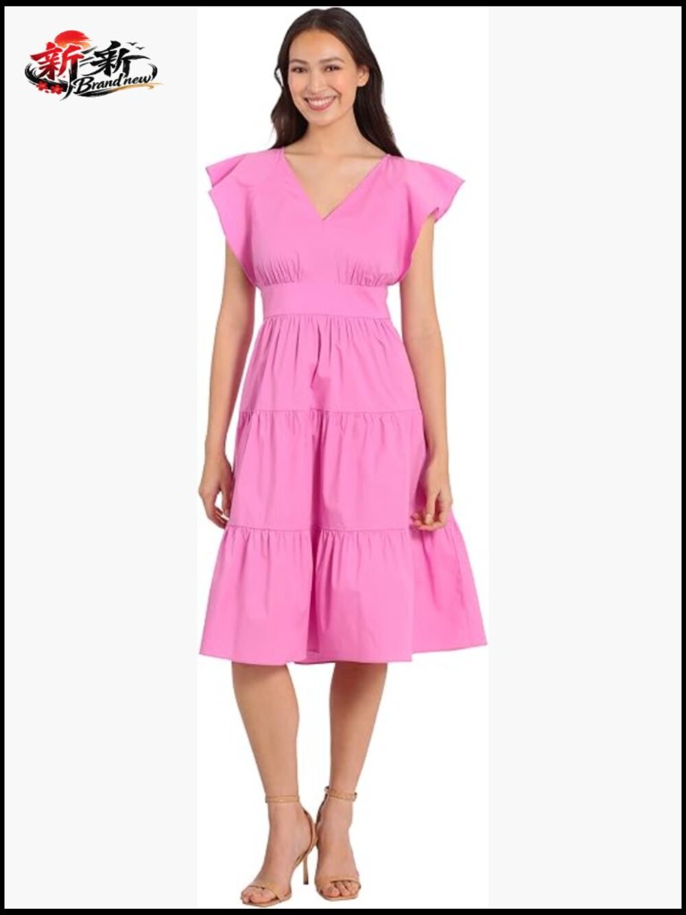London Times Women's Cotton Poplin V-Neck Tiered A-Line Knee-Length Dress